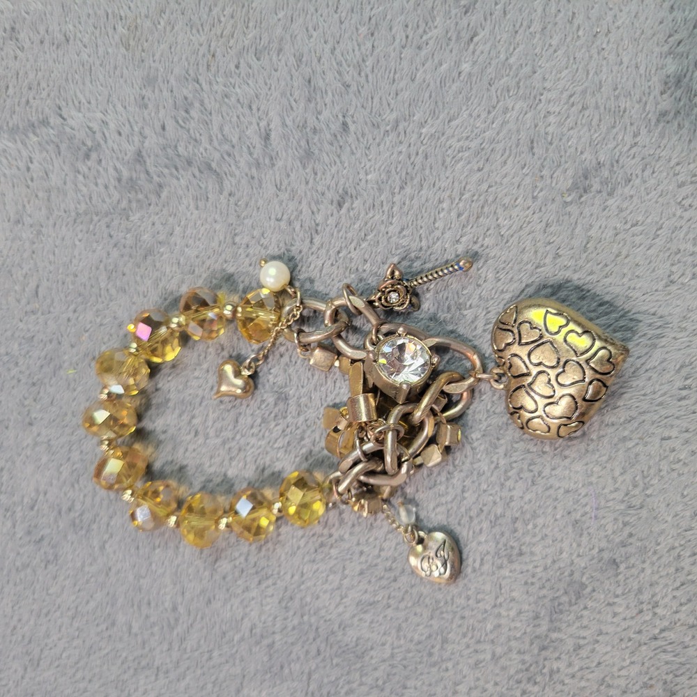 Betsey Johnson Charm Bracelet Womens OS Gold Yellow Heart Leopard Print Eclectic
